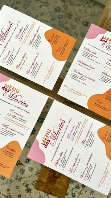 Menu des mariés, orange et rose