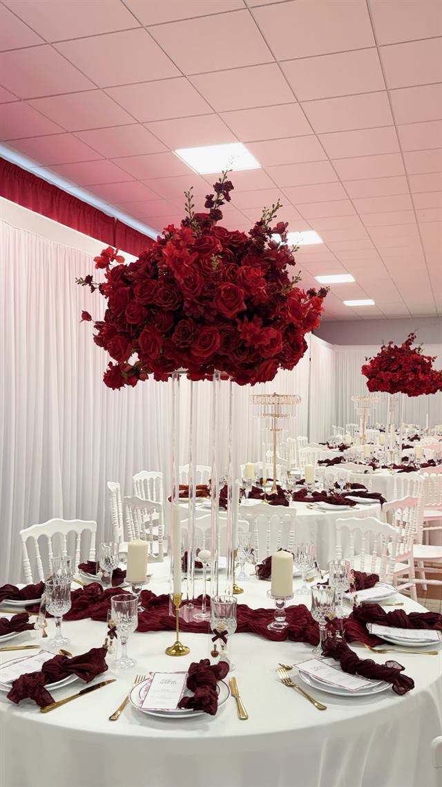 Compositions rouges suspendues au-dessus des tables — Metz
